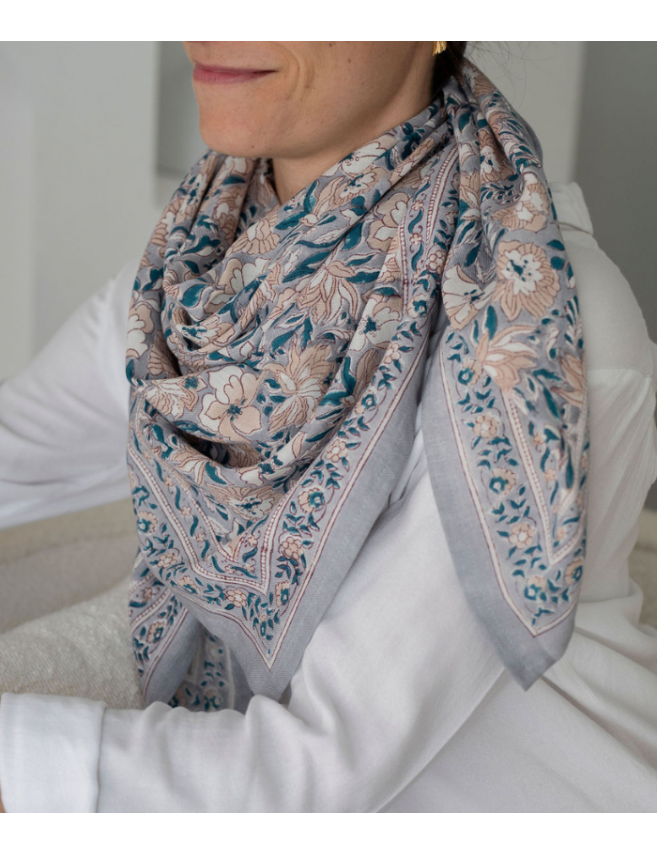 Foulard femme blockprint bohème tissu indien bleu orage